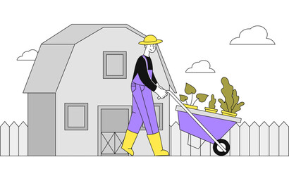 Farmer with cart vector linear