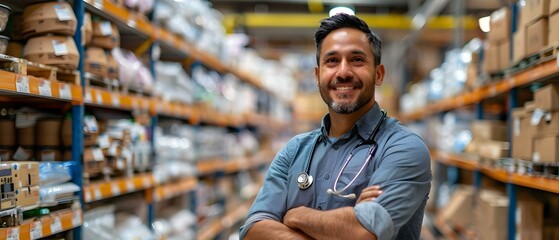 Smiling Professional Amidst Organized Shelves. Concept Workplace Portraits, Office Environment, Professional Headshots