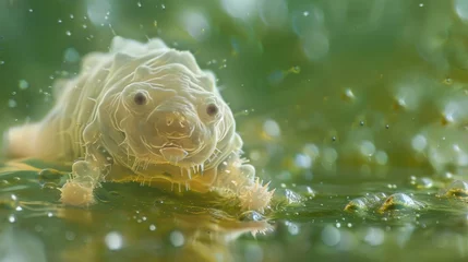 Fotobehang A of tardigrades is shown in a microscopic image floating in a pool of water. Despite the seemingly inhospitable environment these © Justlight