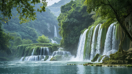 Fototapeta premium People go to waterfalls on vacation