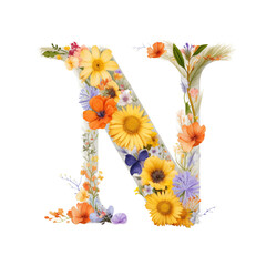 Floral Alphabet N isolated on transparent background