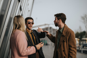 A group of young entrepreneurs discussing growth tactics and market trends during an outdoor meeting.