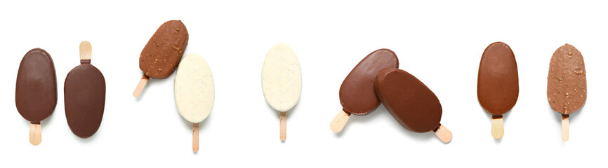 Set of many delicious ice-cream on white background, top view
