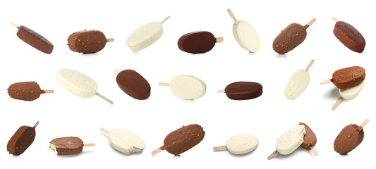 Set of many delicious ice-cream on white background