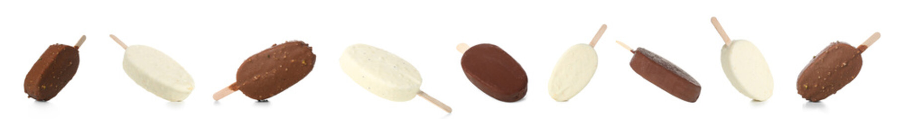 Set of many delicious ice-cream on white background