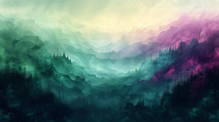 Fototapeta na wymiar Mystical Mountain Layers in Pastel Hues - Fantasy Landscape Art