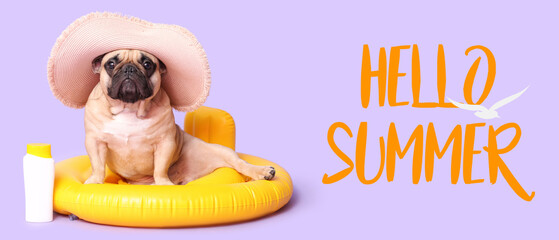 Cute French bulldog with hat, bottle of sunscreen and inflatable ring on purple background © Pixel-Shot