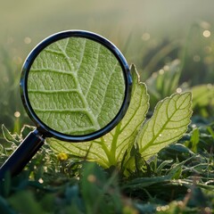 Magnifying Glass Exploring the Veins of a Green Leaf specimen, botanical science, Ecology and horticulture