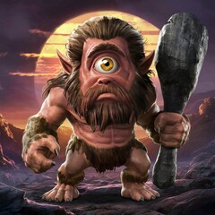 Cyclops Creature in a loincloth Holding Club at Sunset
