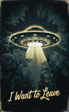 Vintage UFO Sighting Poster in Forest Setting, Abduction ray, alien encounter