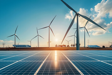 Paradigm Shift: Wind Turbines & Solar Panels Harnessing Renewable Energy Sources - obrazy, fototapety, plakaty