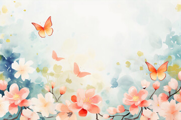 Illustration of a landscape of blossoms, flower, branches and butterflies with a sky background