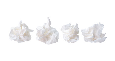 Front view set of screwed or crumpled tissue paper or toilet paper balls after use in toilet or restroom isolated on white background with clipping path