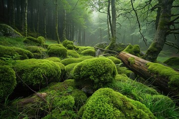 moss covered rocks and logs in woods - obrazy, fototapety, plakaty
