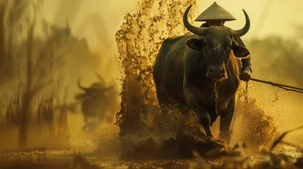 Lichtdoorlatende rolgordijnen Guilin Farmer raises buffalo
