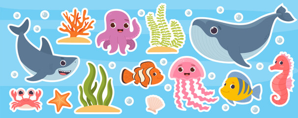 Fototapeta premium Sea animals stickers vector set