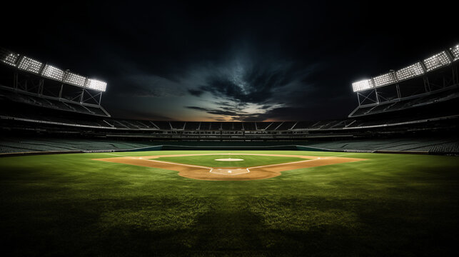 Baseball Stadium with Dramatic Sky at Sunset