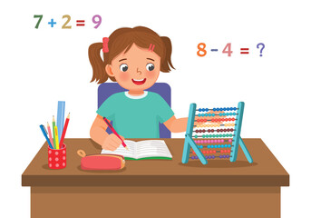 Cute little girl study learning math counting with abacus at the desk