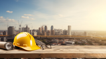 Yellow Safety Helmet and Architectural Blueprints Against City Construction