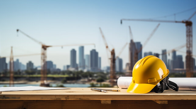 Construction Safety Helmet with Urban Development Background