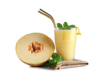 Glass of tasty melon smoothie with mint on white background