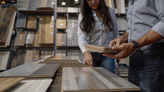Designers scrutinize floor material samples as an architect unveils possibilities to customers