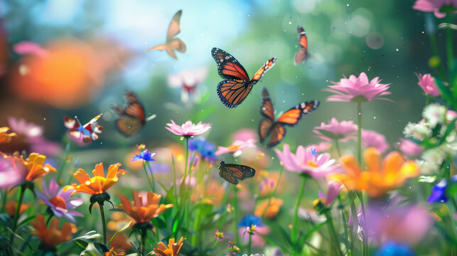 The flower garden is full of butterflies