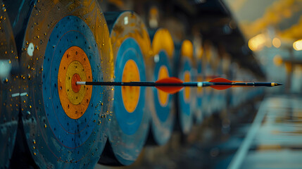 Utilizing a telephoto lens to focus on the precision of an archer's stance, with arrows suspended mid-flight against the vibrant backdrop of the Olympic archery range