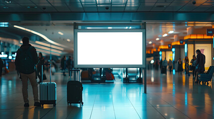 Step into a lively airport terminal buzzing with travelers, where a blank clean screen signboard mockup awaits, ready to display captivating offers and advertisements