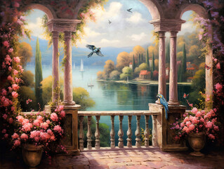 Wallpaper Classic drawing of a palace garden in the Baron style Stone arches overlooking the river and the picturesque nature with trees, flowers, birds, parrots in vintage style