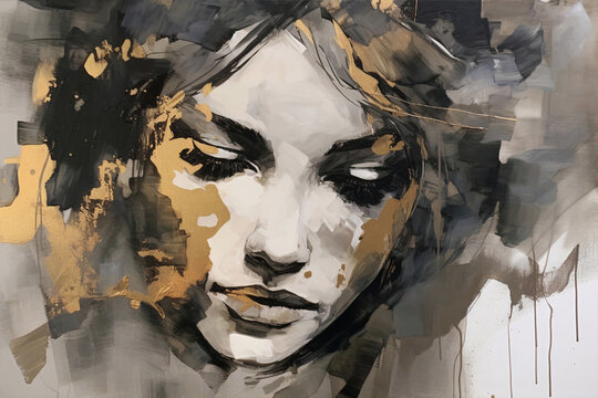 Wallpaper Abstract drawing of a portrait of a girl's face in black ink with gray and gold in a vintage and harmonious color style