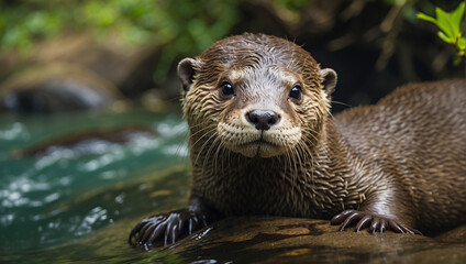otter in the water, otter on the rock