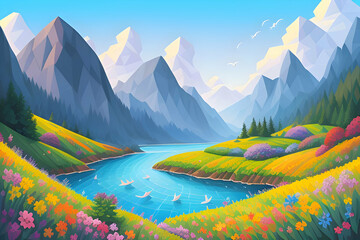 Beautiful and Peaceful Nature Scenery Illustration, Landscape, Countryside, Tranquil, Vibrant and Colorful