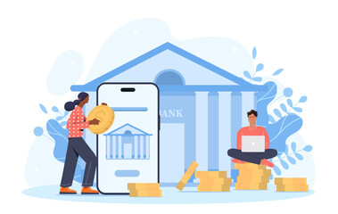 People interacting with a giant smartphone and coins, against a bank illustration, flat graphic style, conceptualizing mobile banking. Vector illustration