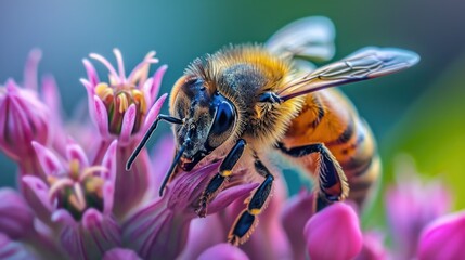 Pollination of a flower by a bee in macro. AI generative.