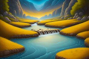 Fototapeta premium Beautiful and Peaceful Nature Scenery Illustration, Landscape, Countryside, Tranquil, Vibrant and Colorful