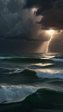 Lighting and thunderstorm over the open waters with choppy waves.