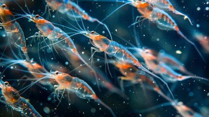 A microscopic view of a krill swarm with their delicate and transparent bodies appearing like graceful dancers in a sea of phytoplankton.