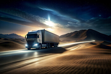 night scene of Truck overtaking, background along the desert