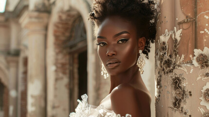 A black woman radiates elegance in a lavish ballgown adorned with layers of delicate lace and sparkling crystals. The play of textures and dazzling embellishments exudes luxury and . - obrazy, fototapety, plakaty