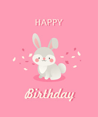 Cute children's birthday card. Bunny illustration. Happy Birthday text.