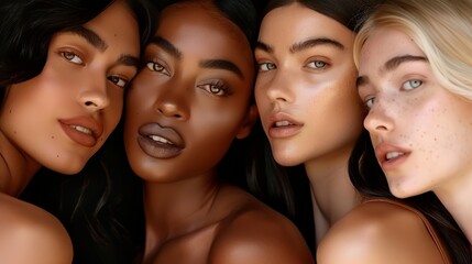 Obraz premium Beautiful multiethnic women with different skin tones posing together in studio