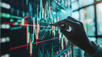 Stock market analysis, business, finance and investing. Financial analysts analyze stock trading charts