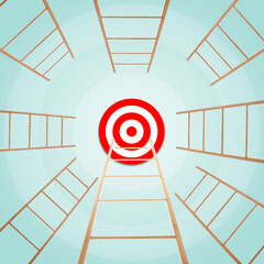 Target and achievement concept. Wooden ladders and one leading to bullseye on light blue background
