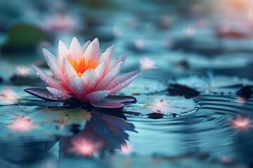 Ethereal Lotus Emanating Serenity in Blue Waters. Concept Nature Photography, Water Reflections, Lotus Flowers, Serenity, Blue Color Palette - obrazy, fototapety, plakaty