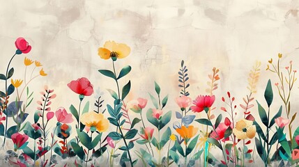 abstract colorful flowers and plants on grunge paper texture watercolor art background illustration
