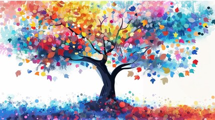 abstract colorful tree with multicolored leaves hanging from branches floral wallpaper illustration