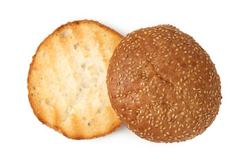 Halves of grilled burger bun isolated on white, top view