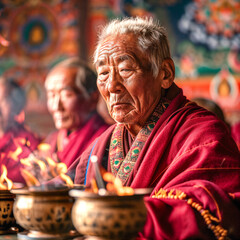 Close-up view of an elderly Tibetan monk in traditional red robes, concentrating on bowls with ritual fire inside a temple.