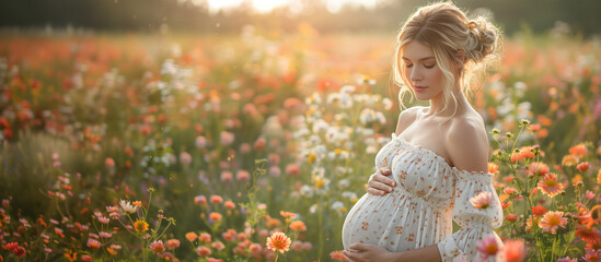 Pregnant woman beautiful relaxing outside in nature - obrazy, fototapety, plakaty